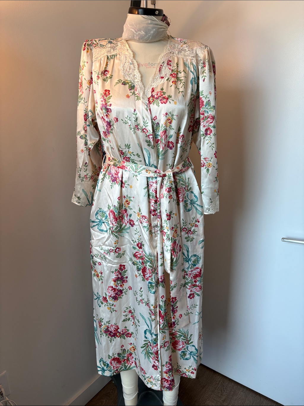 Natori Cream Satin Floral Robe With Pink & Green Accents